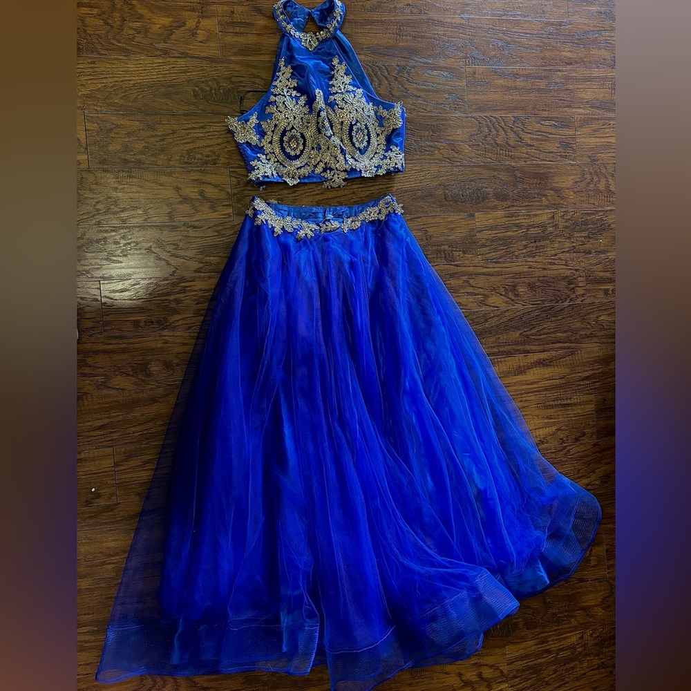 Blue and Gold Embroidered Two-Piece Gown